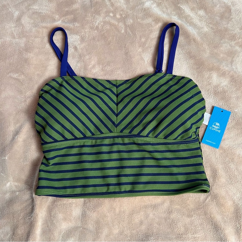 NWT Cupshe Green and Navy Striped Bikini Top